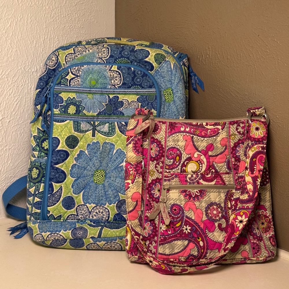 Vera Bradley Backpack and Crossbody Bag Bundle Blue Floral Pink Paisley Quilted